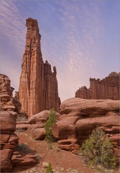 USA, Utah. Sunset on Fisher Towers sandstone formations