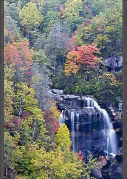 Dramatic Whitewater Falls in autumn in the Nantahala National Forest of North Carolina