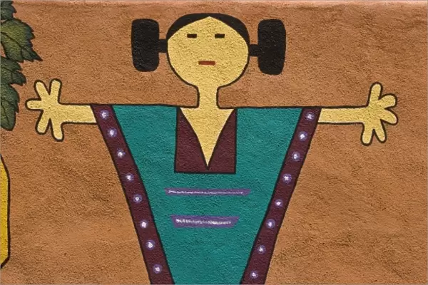 USA, New Mexico, Santa Fe. Close-up section of woman in a wall mural on the outside of a building