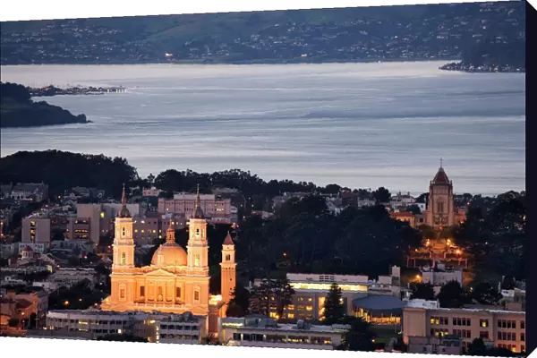 USA, California, San Francisco. Aerial view of St. Ignatius Church lit at twilight