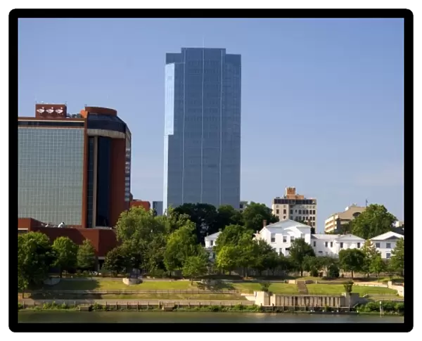 Old Statehouse and modern office buildings along the Arkansas River at Little Rock, Arkansas