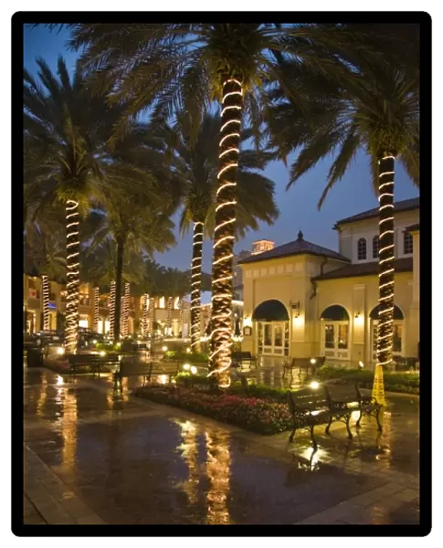 USA, Florida, West Palm Beach. The lights of City Center Mall reflect in the wet walkways