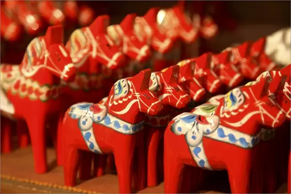 The wooden Dala horses a symbol of Sweden for sale in a Gamla Stan souvenir shop