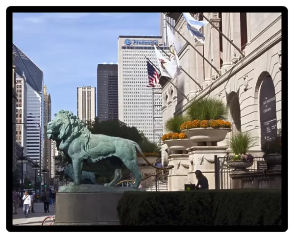 USA, Illinois, Chicago, Cityscapes, Lion Statuary at Art Museum Entrance on Michigan
