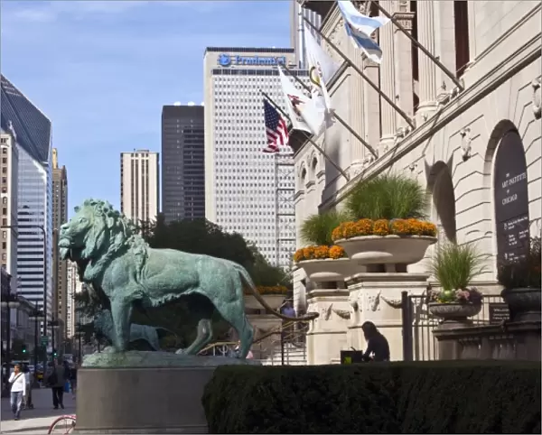USA, Illinois, Chicago, Cityscapes, Lion Statuary at Art Museum Entrance on Michigan