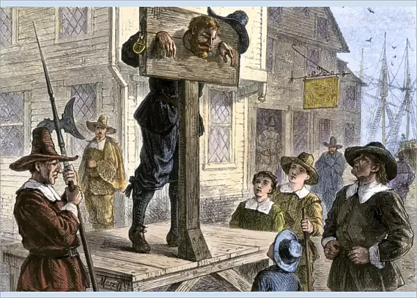 Puritan prisoner in the pillory in New England