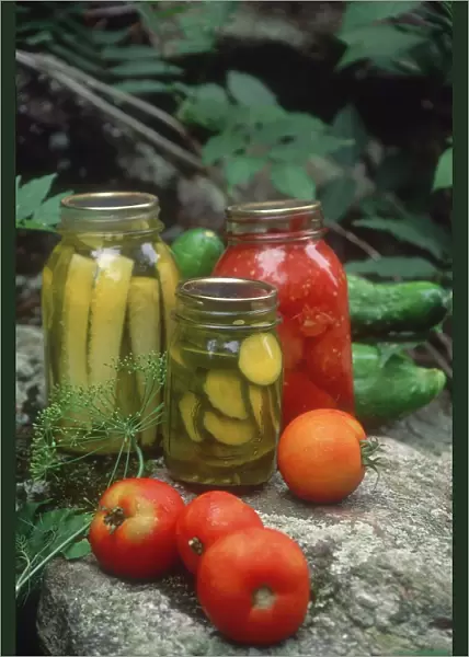 Homemade pickles and canned tomatoes