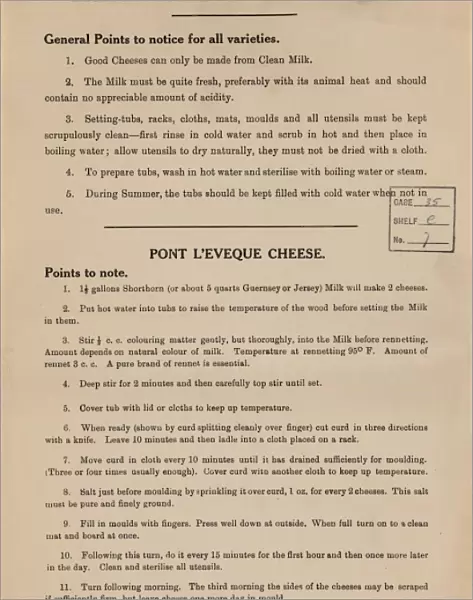 Instructions for the manufacture of soft cheese (Pont l Eveque), c1925