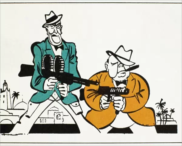 American cinema: The last gangster film. U. S. President Franklin Roosevelt (left) and British Prime Minister Winston Churchill in a satirical cartoon, 18 November 1942, by Ralph Soupault for the French newspaper Le Petit Parisien