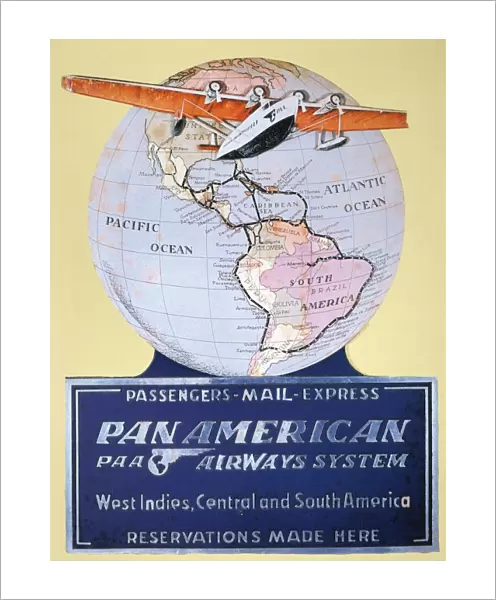 A Pan American Airways display card from 1934 featuring a Sikorsky S-42 airplane