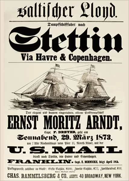 German language poster, 1873, for Baltic Lloyds transatlantic passenger steamship service, with departure from New York for Le Havre, Copenhagen and Stettin, Germany (now Szczecin, Poland. )