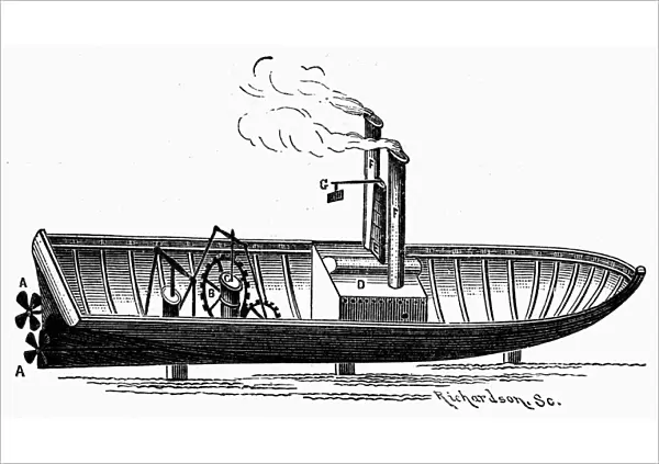 Diagram of a steamship with a twin-screw engine, invented by Robert L. Stevens. Line engraving, 1878