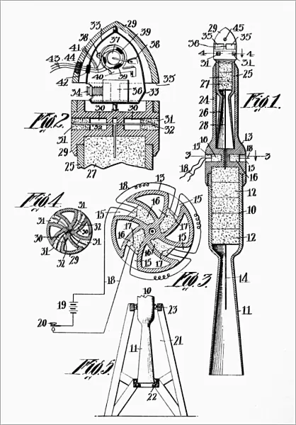 (1882-1945). American physicist. Engraved patent drawing for a Goddard rocket, 1914