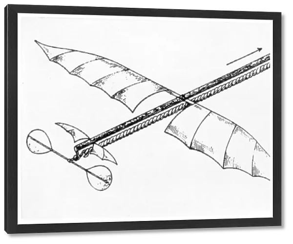 Drawing of one of Alphonse Penauds model planophores, powered by a twisted rubber band, similar to the one demonstrated at Paris on 18 August 1871