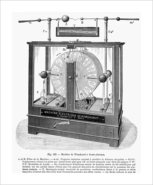 The Wimshurst machine, developed, 1880-1883, by British inventor James Wimshurst. Wood engraving, French, late 19th century