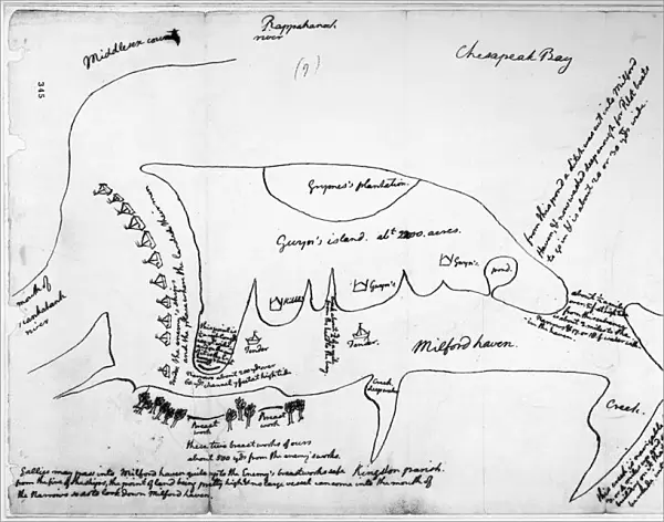 Map drawn by Thomas Jefferson of Milford Haven on Chesapeake Bay and vicinity, showing camp on Gwynns Island and enemy fortifications, June or July 1776