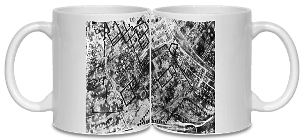 Photograph with outlines showing the effects of Allied air strikes on the Astra Romano and Phoenix Orion oil refineries in Ploesti, Romania, 1944