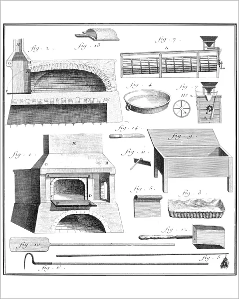 The ovens, paddles, loaf tins and other articles of equipment to be found in a well-ordered 18th century French bakery. Contemporary copper engraving