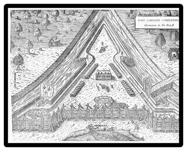 Plan of Fort Caroline on the St. Johns River, built by the second French expedition to Florida in 1564. Line engraving, 1591, by Theodor de Bry after a now lost drawing by Jacques Le Moyne de Morgues