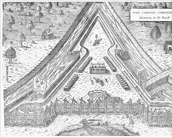 Plan of Fort Caroline on the St. Johns River, built by the second French expedition to Florida in 1564. Line engraving, 1591, by Theodor de Bry after a now lost drawing by Jacques Le Moyne de Morgues