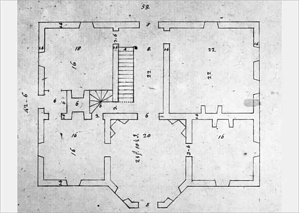 Proposed plan for the Governors Palace at Richmond Virginia, drawn by Thomas Jefferson, c1779