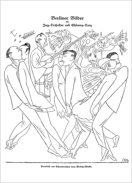 Jazz Band and Shimmy. Office workers at a five o clock dance. Pen-and-ink drawing, 1921, by Karl Arnold