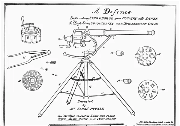 Patent drawing for the tripod-mounted flintlock Defense Gun designed for shipboard use to prevent boarding. Invented by Englishman James Puckle, 1718