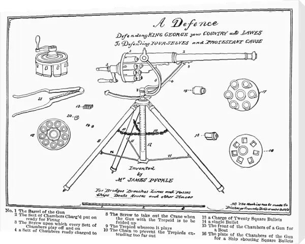 Patent drawing for the tripod-mounted flintlock Defense Gun designed for shipboard use to prevent boarding. Invented by Englishman James Puckle, 1718