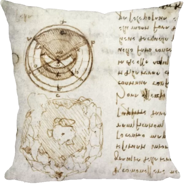 Writing and drawings by Leonardo da Vinci, illustrating the theory that the earth has a core of water, and his ideas on how mountains are formed, from the Codex Leicester, 1506-1510