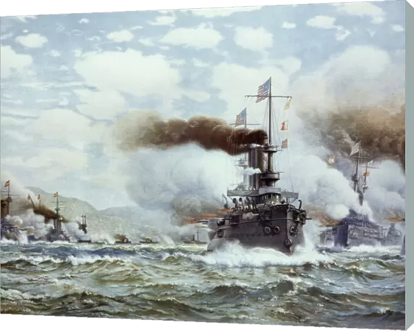 An American squadron lead by Commodore George Dewey destroyes a Spanish squadron in Manila Bay, the Philippines, 1 May 1898, during the Spanish-American War. Lithograph after a painting by James G. Tyler