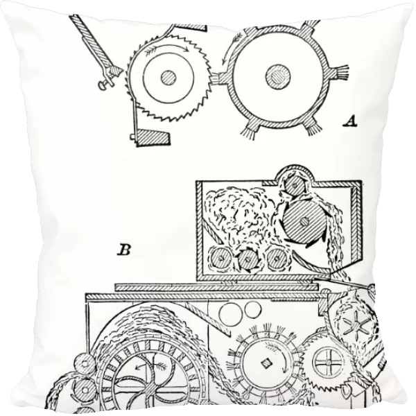 Schematic drawing of the mechanism of Eli Whitneys cotton gin