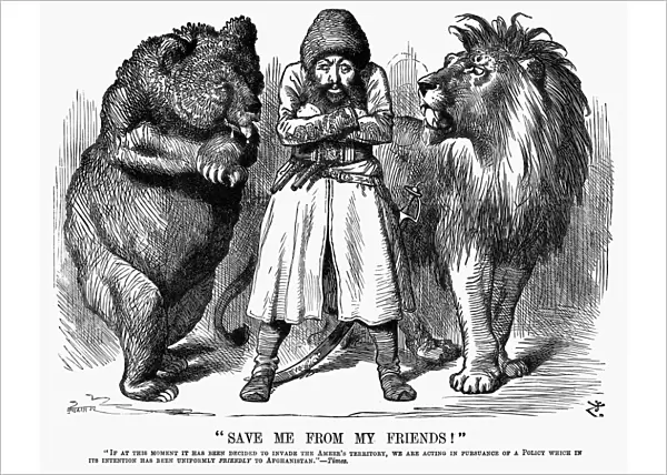 Save Me From My Friends! Amir Sher Ali of Afghanistan endeavors to stand between the Russian bear and the British lion as each eyes the other with suspicion. English cartoon by Sir John Tenniel, 1878, shortly after the outbreak of the Second Afghan War