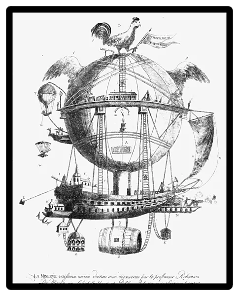 Plan of a flying machine. Line engraving, 18th century
