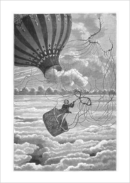 Hot air balloon accident in which the gondola broke off from the balloon. Wood engraving, 19th century