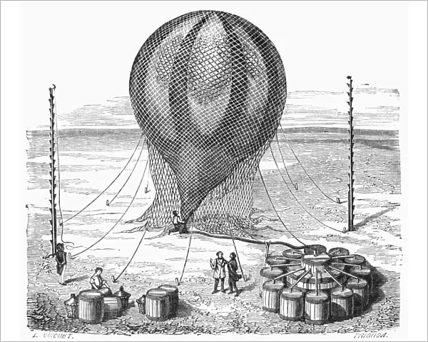 Inflation of a hot air balloon with hydrogen gas. 19th century engraving