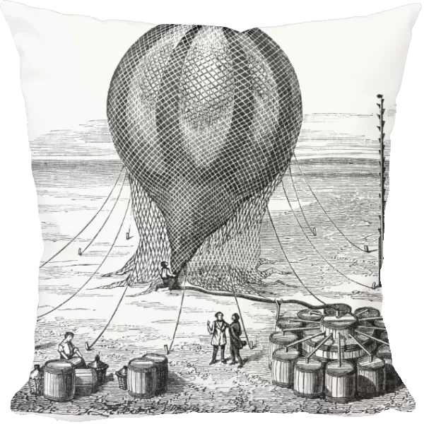 Inflation of a hot air balloon with hydrogen gas. 19th century engraving