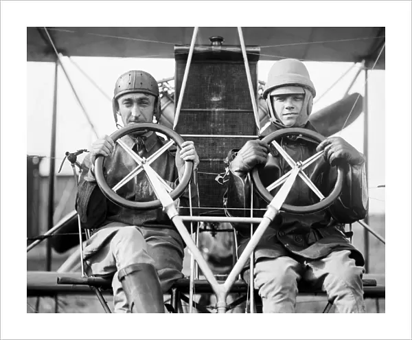Army officers piloting a Wright biplane at College Park Aviation Field, Maryland, 1912