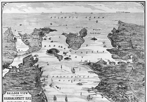Aerial view of Narragansett Bay seen from above Providence, Rhode Island. Lithograph, c1880