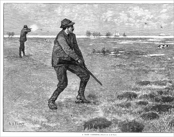 A Tight Cartridge. A bird hunter having trouble with his rifle. Wood engraving, American, 1884