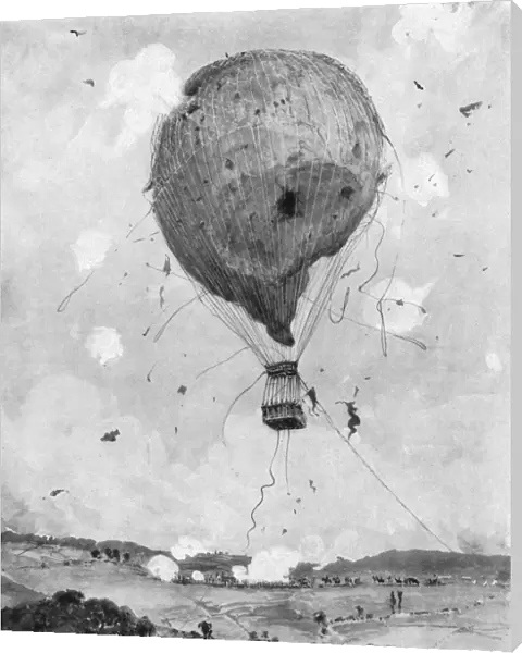 German infantry and artillery shooting a hot air balloon during a drill. Illustration, English, 1898
