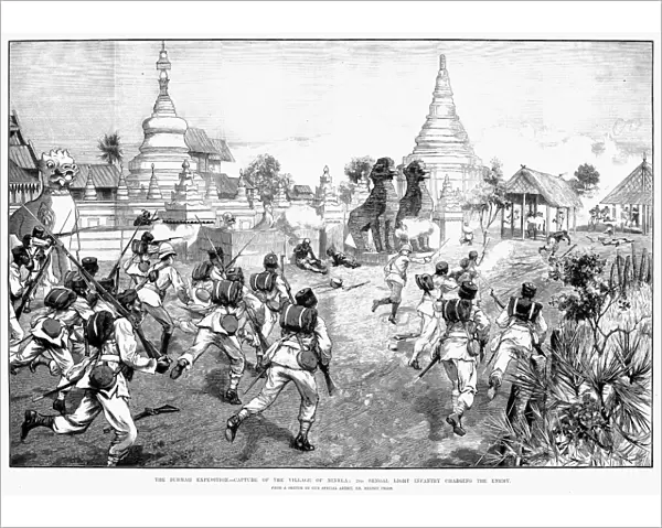 The Second Bengal Light Infantry, under British command, charging the Burmese village of Minhla. Wood engraving, English, 1885