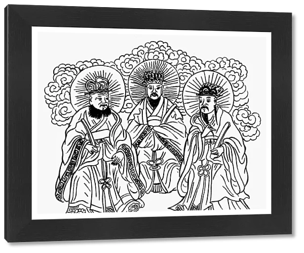 Also known as the Three Pure Ones. Tao-Chun, Yu-Huang and Lao Tse. Line drawing