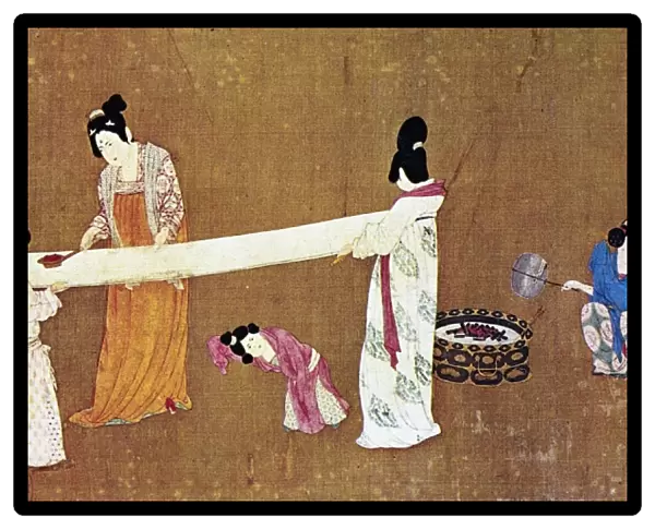 Women ironing a completed bolt of silk cloth. Detail from Court Ladies Preparing Newly-woven Silk, a painted silk handscroll attributed to Emperor Hui Tsung, Sung Dynasty, early 12th century, after a work by a T ang Dynasty artist of the 8th century