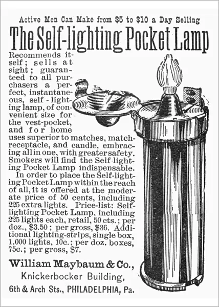 ADVERTISEMENT: LIGHTER. Advertisement for The Self-Lighting Pocket Lamp. American