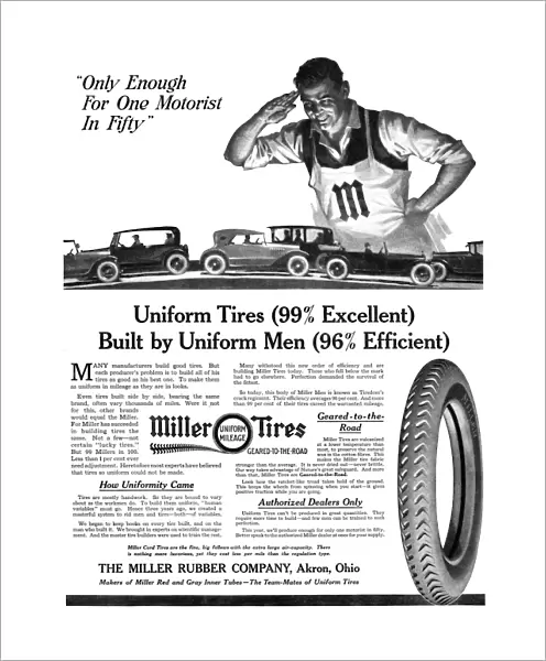 AD: MILLER TIRES, 1918. American advertisement for Miller Tires, manufactured by