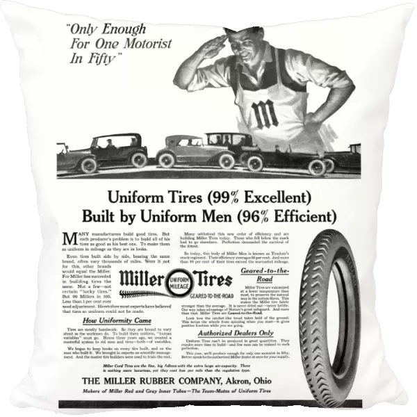AD: MILLER TIRES, 1918. American advertisement for Miller Tires, manufactured by