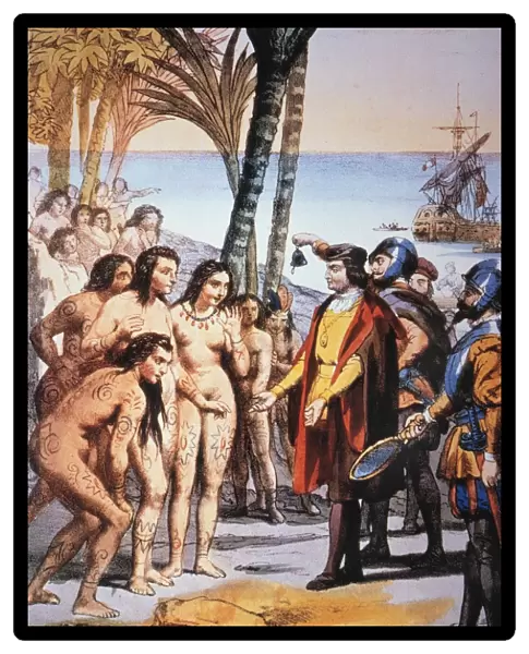 CHRISTOPHER COLUMBUS landing on San Salvador (Guanahani) in the Bahamas on Oct