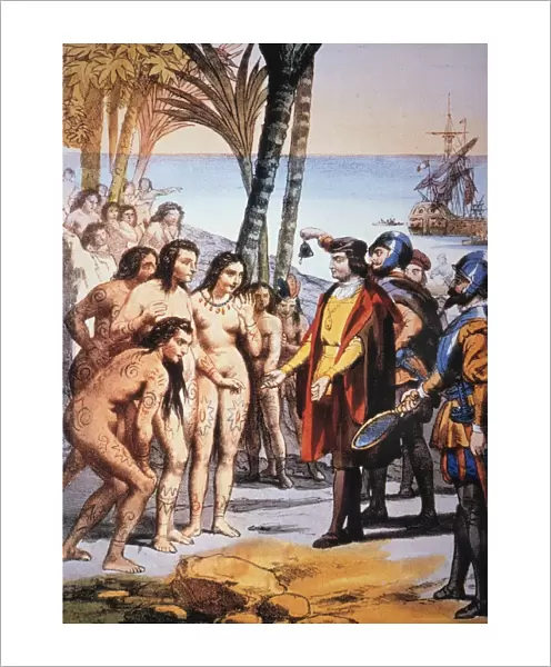 CHRISTOPHER COLUMBUS landing on San Salvador (Guanahani) in the Bahamas on Oct