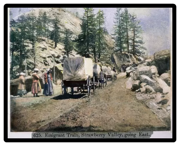 EMIGRANT TRAIN, 1866. Going east through the Strawberry Valley in the Sierra Nevada