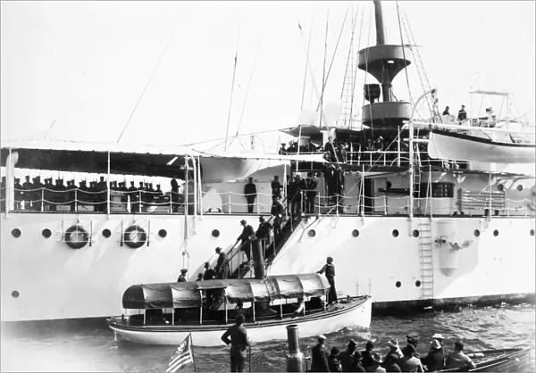 SPANISH AMERICAN WAR, 1899. Admiral George Dewey receives visitors aboard the battleship